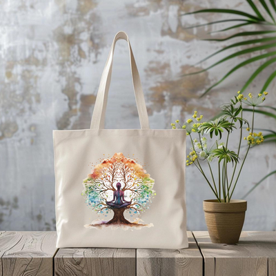 a tote bag with a tree and a person doing yoga