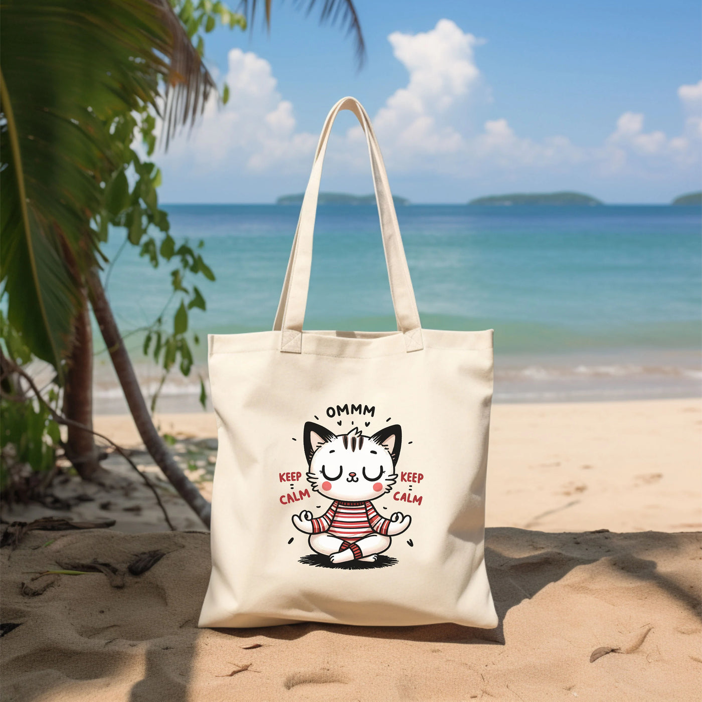 a white bag sitting on top of a sandy beach