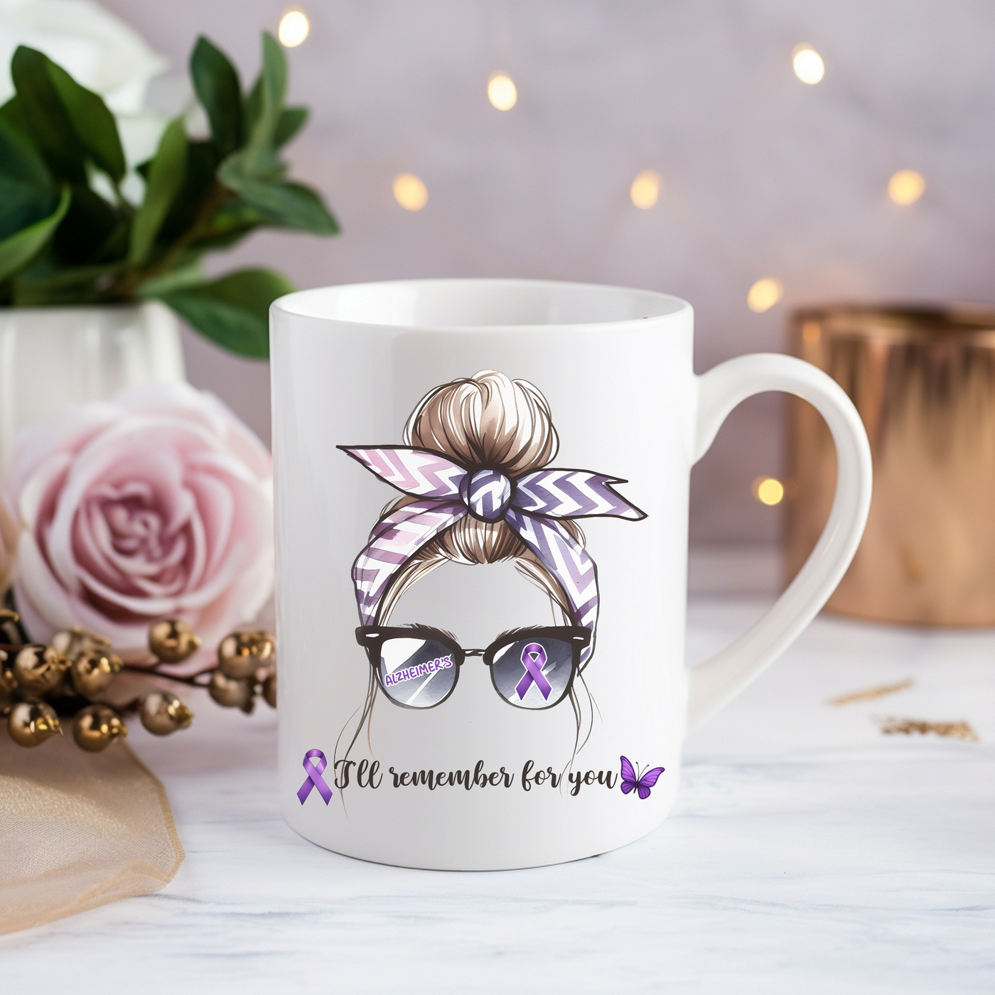 a coffee mug with a picture of a woman wearing glasses