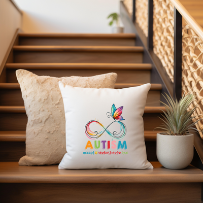 a white pillow sitting on top of a wooden banister