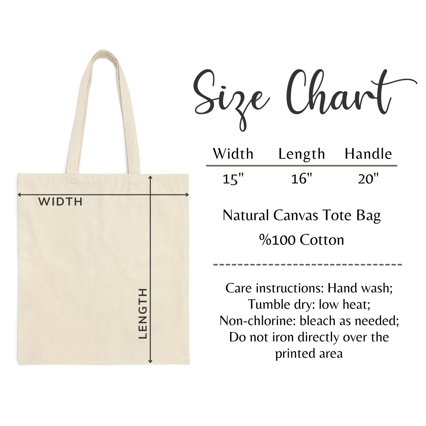 the size chart for a natural canvas tote bag