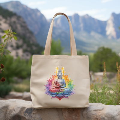 a canvas bag with a buddha image on it