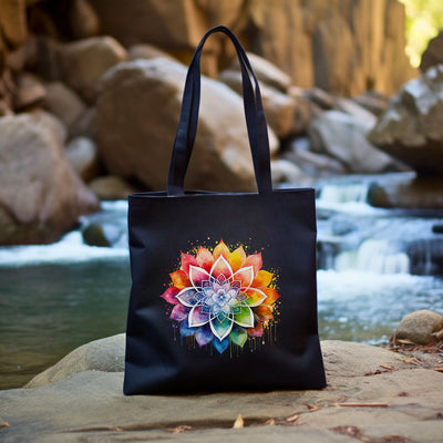 a black bag with a colorful flower on it