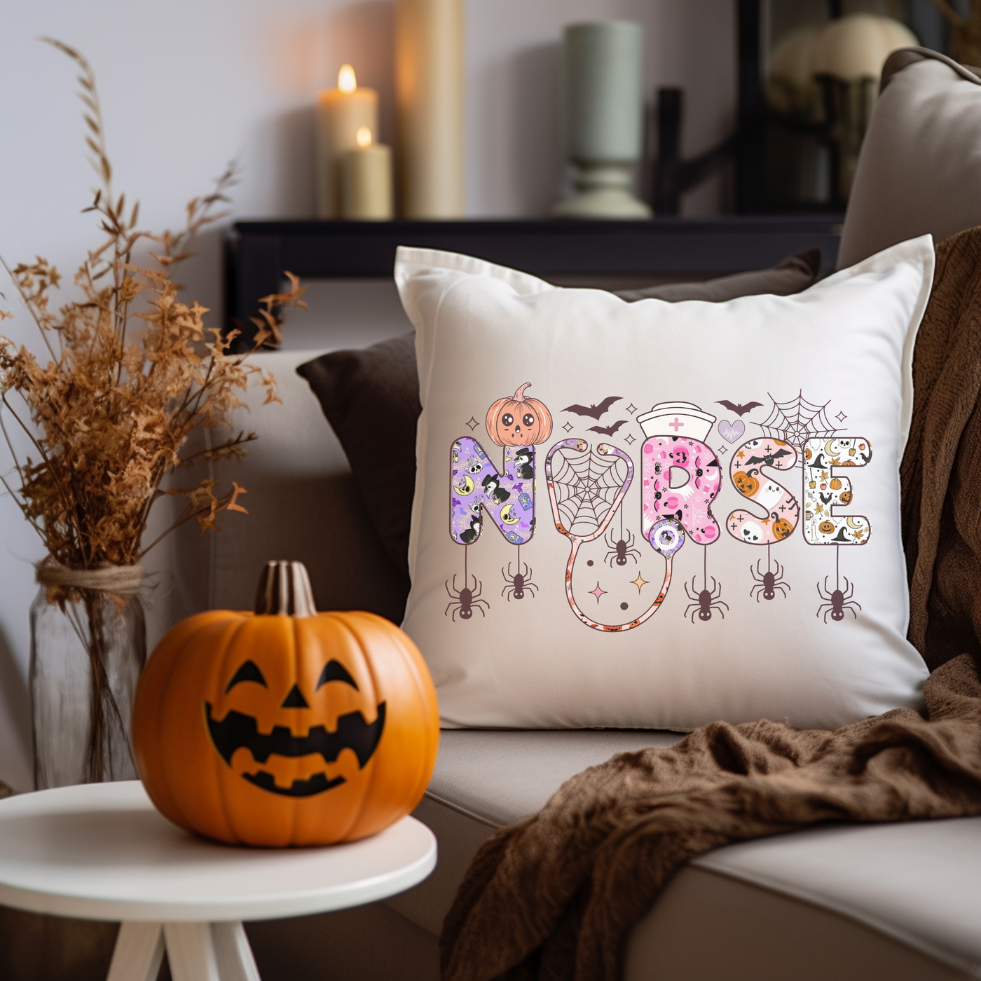 a pumpkin sitting on a table next to a pillow