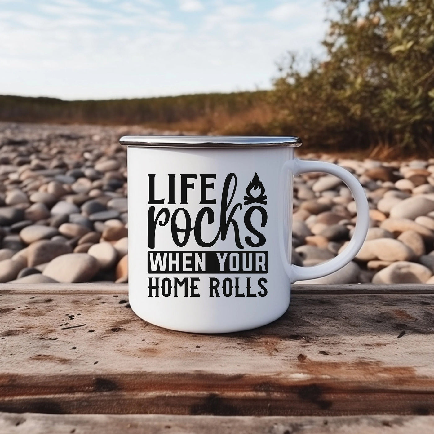 a white coffee mug sitting on top of a wooden table