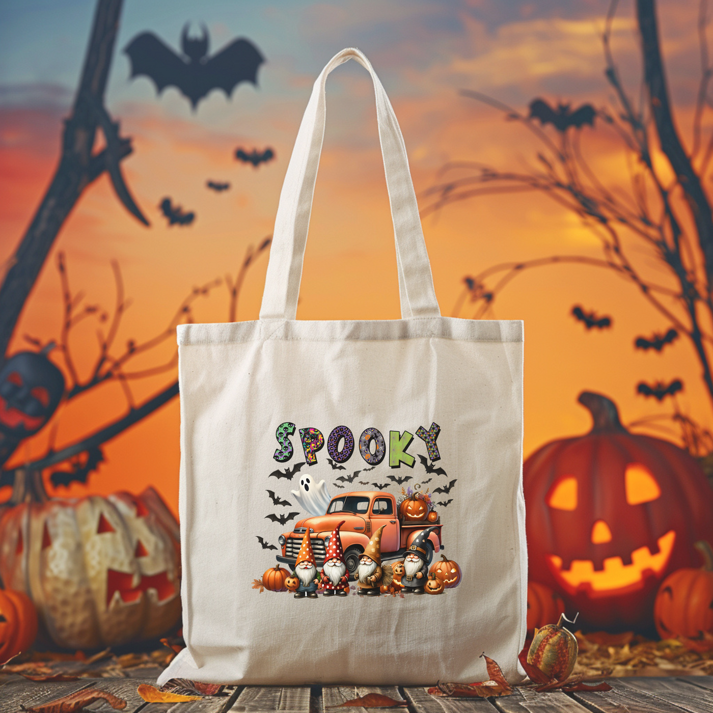 a trick or treat bag sitting on top of a wooden table