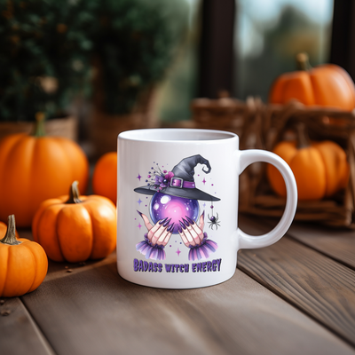 a coffee mug with a witches costume on it