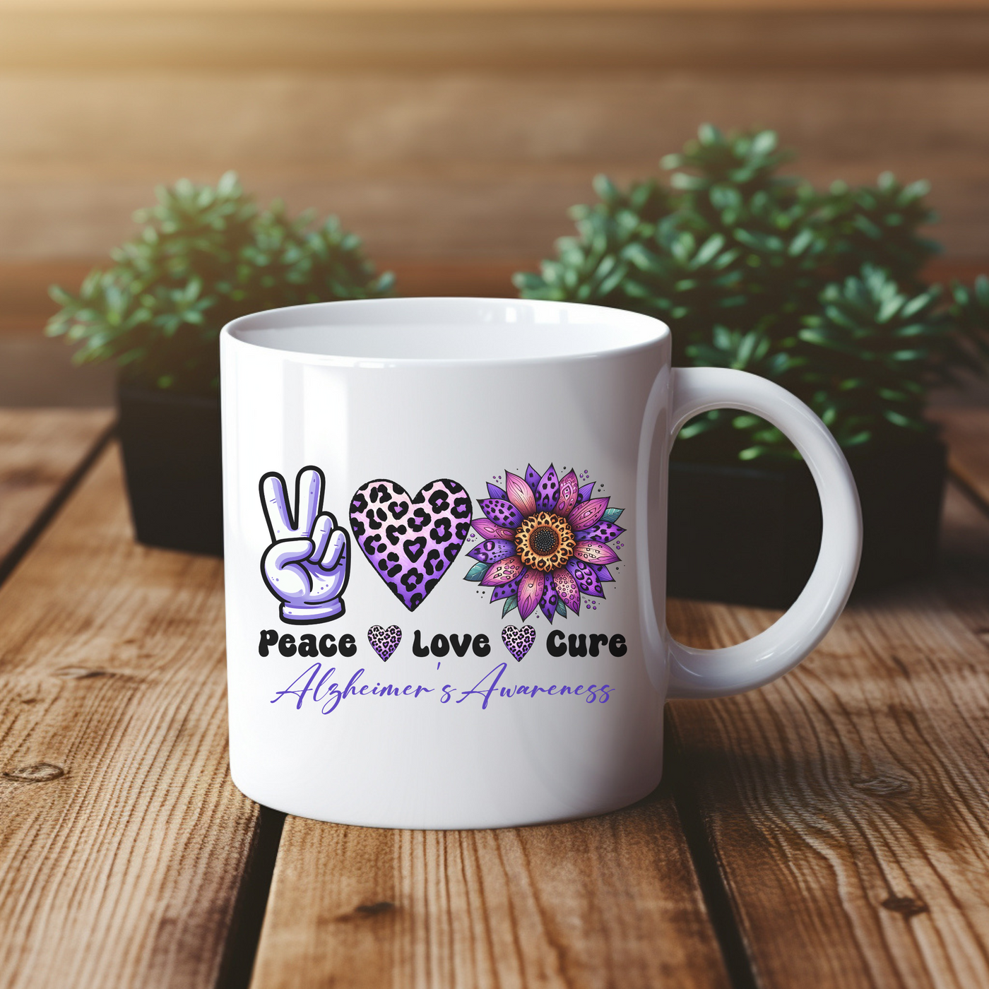 a white coffee mug with peace, love, and flowers on it