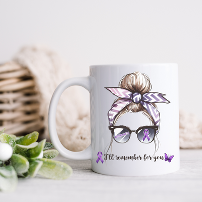 a coffee mug with a picture of a woman wearing glasses