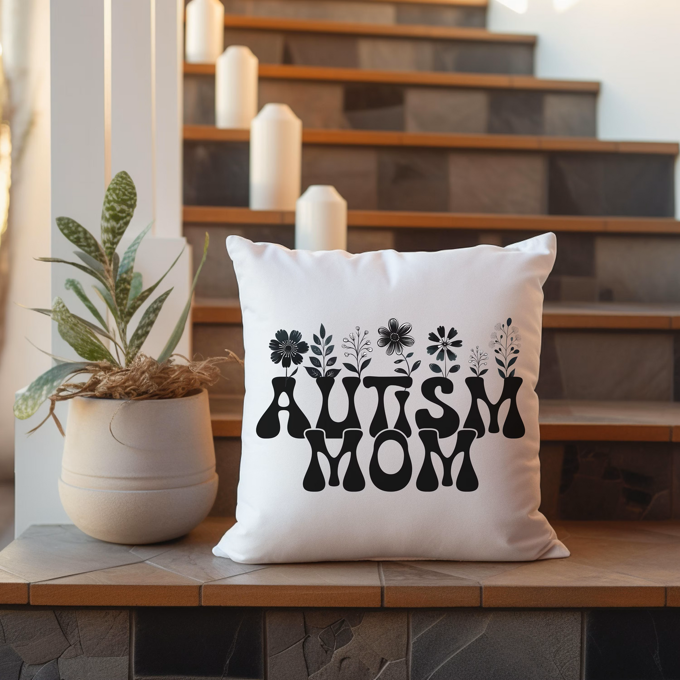 a white pillow sitting on top of a wooden table