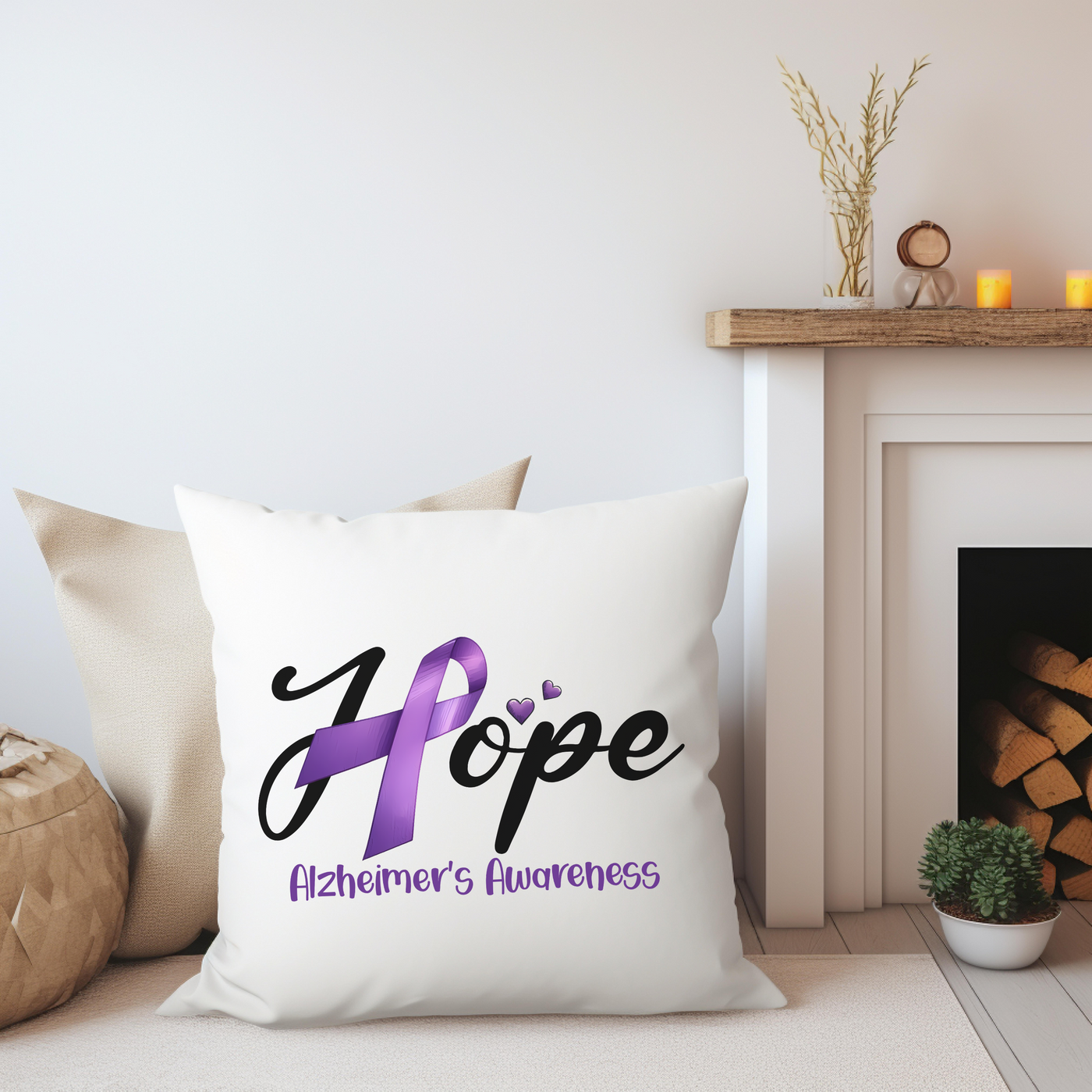 a white pillow with a purple ribbon on it