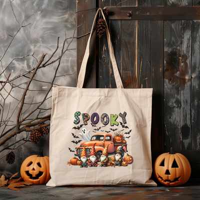 a tote bag with a picture of a truck and pumpkins