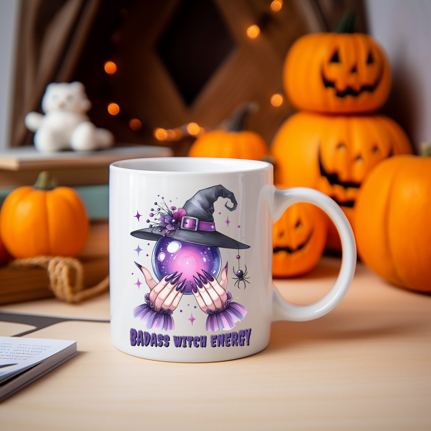 a coffee mug with a witches hat on it