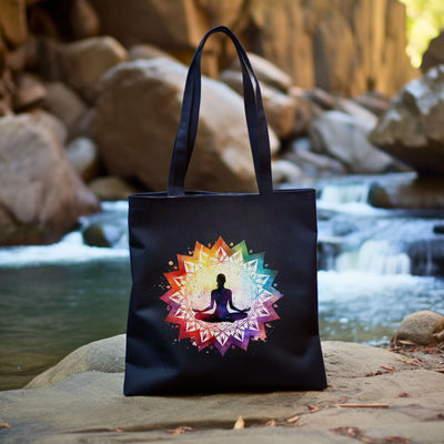 a black bag with a picture of a person doing yoga