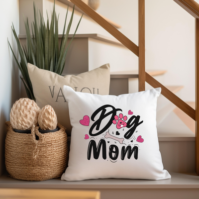 a pillow with a dog mom design on it