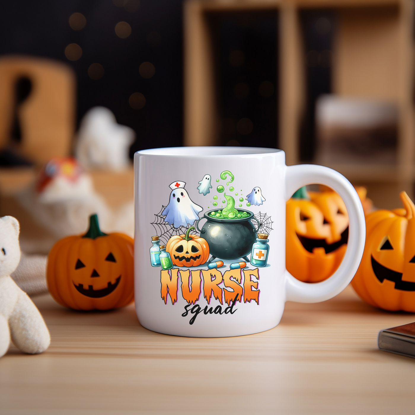 a white coffee mug with a halloween scene on it