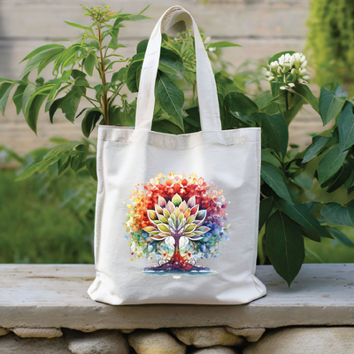 a white bag with a colorful tree on it