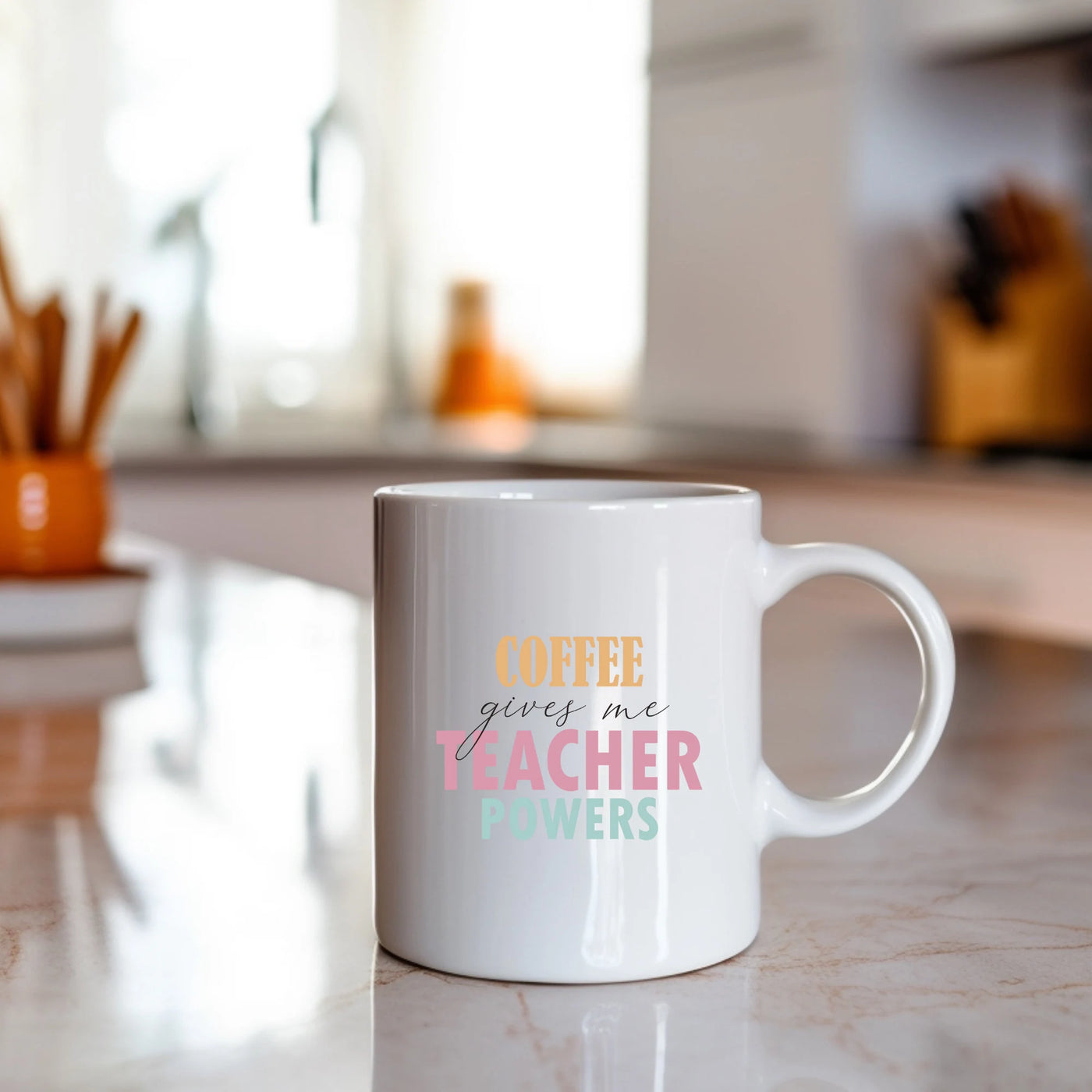 a coffee mug that says coffee gives me a teacher powers