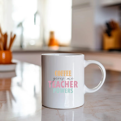 a coffee mug that says coffee gives me a teacher powers