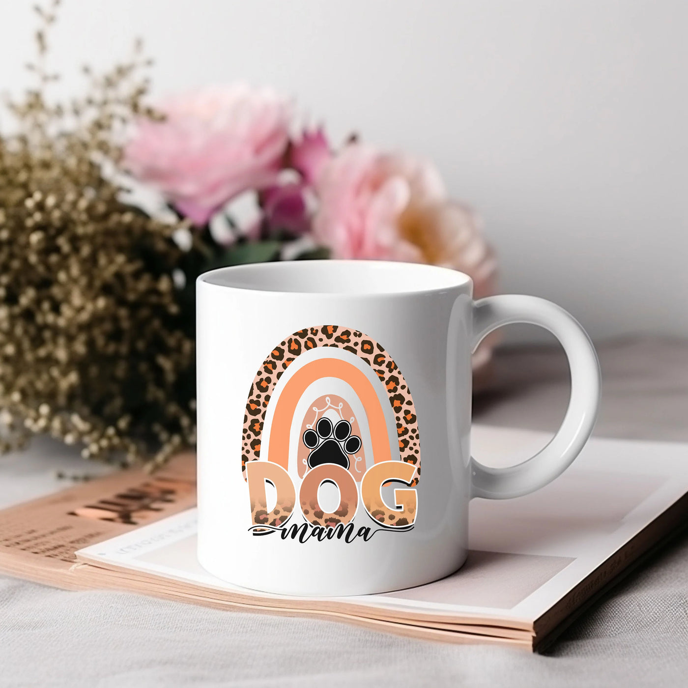 a white coffee mug with a dog on it