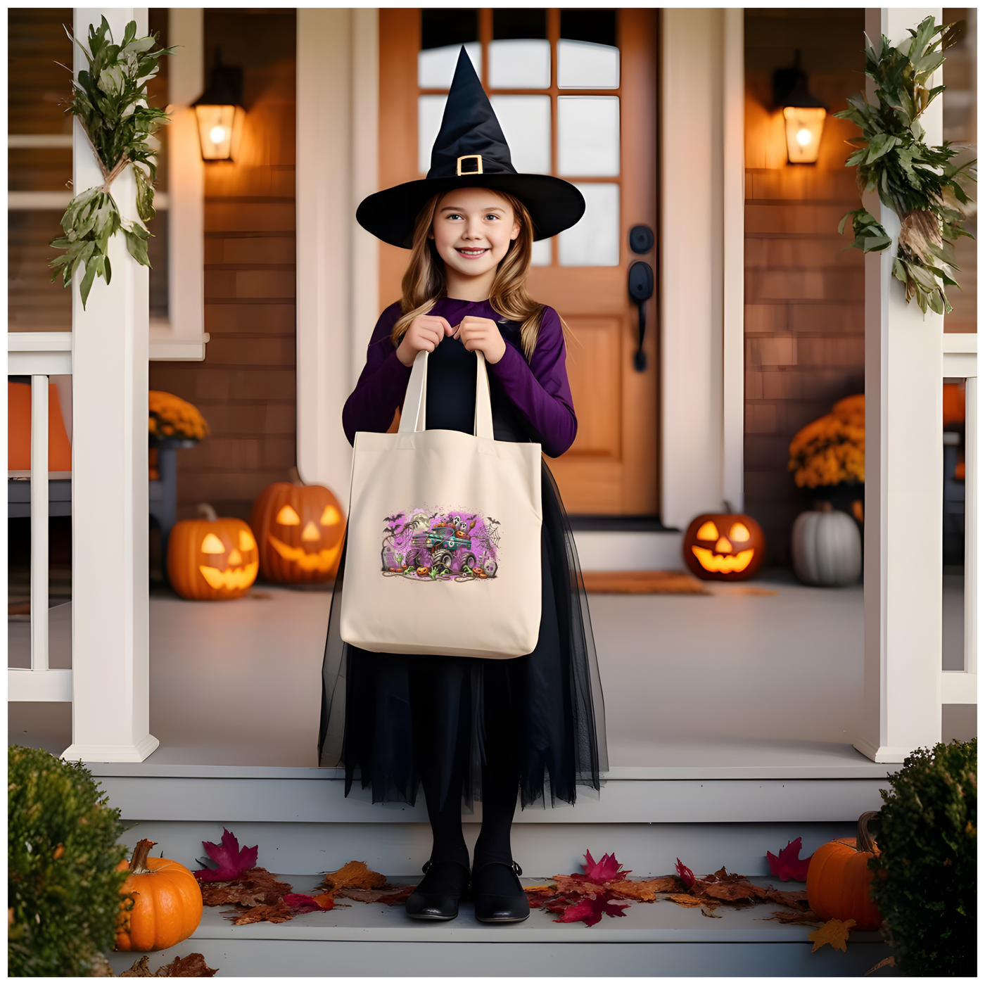 a little girl in a witch costume holding a trick bag