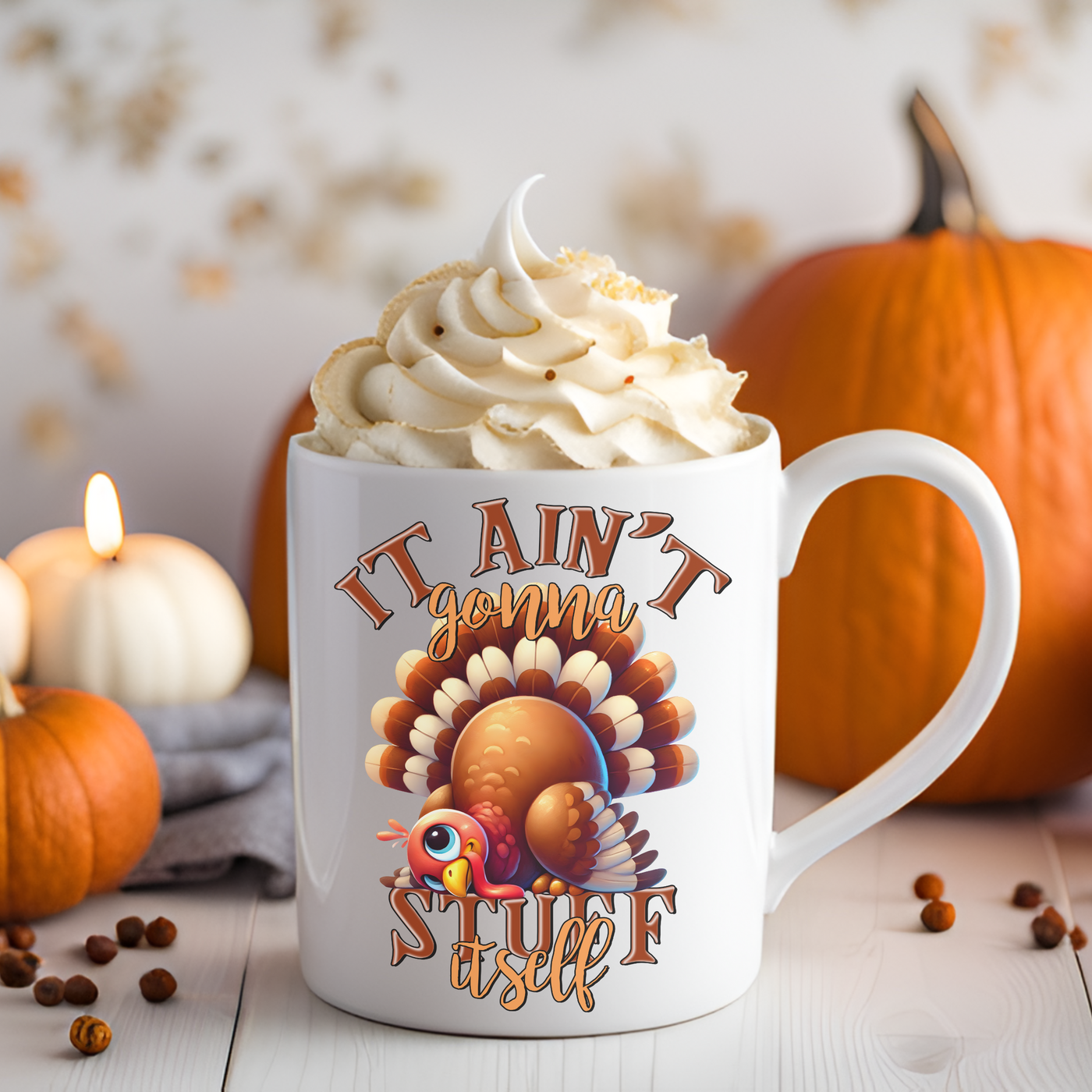 a cup of coffee with whipped cream and a turkey on it