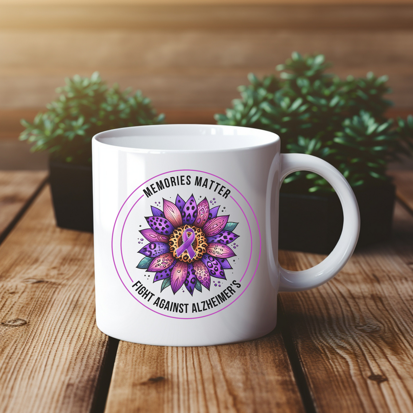 a white coffee mug sitting on top of a wooden table