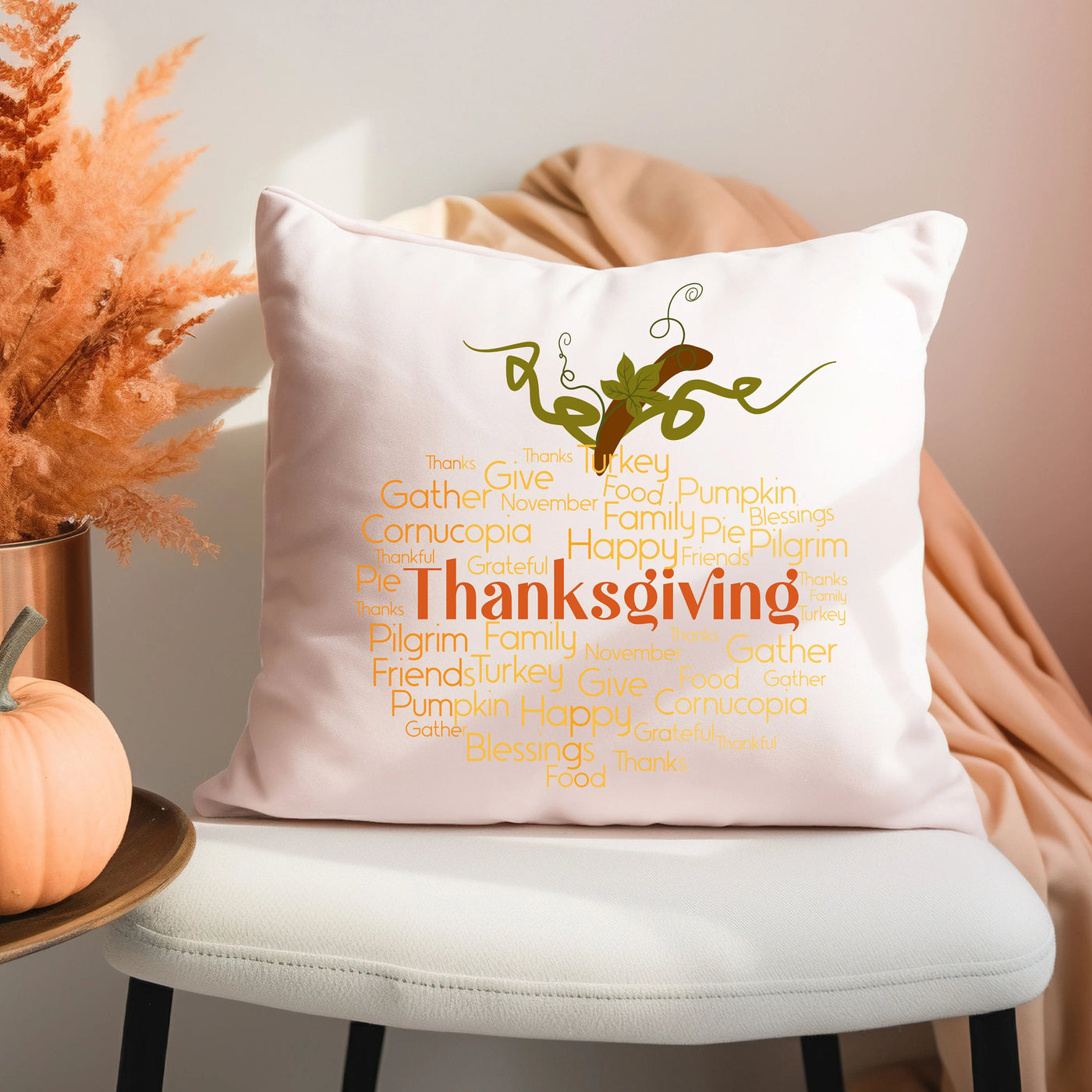 a white pillow with a thanksgiving message on it