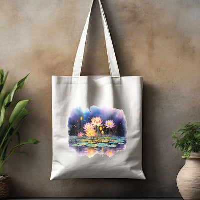 a tote bag hanging on a wall with a painting of water lilies