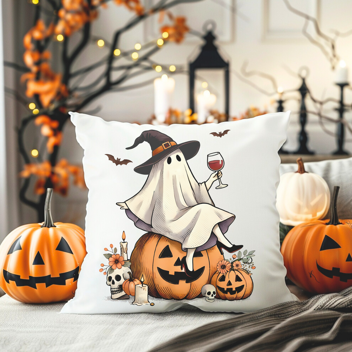 a pillow with a ghost and pumpkins on it