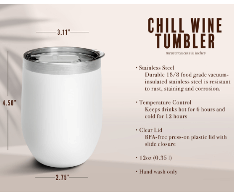 a white wine tumbler is shown with measurements