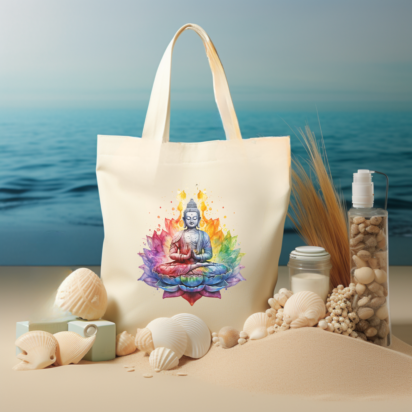 a tote bag with a buddha image on it