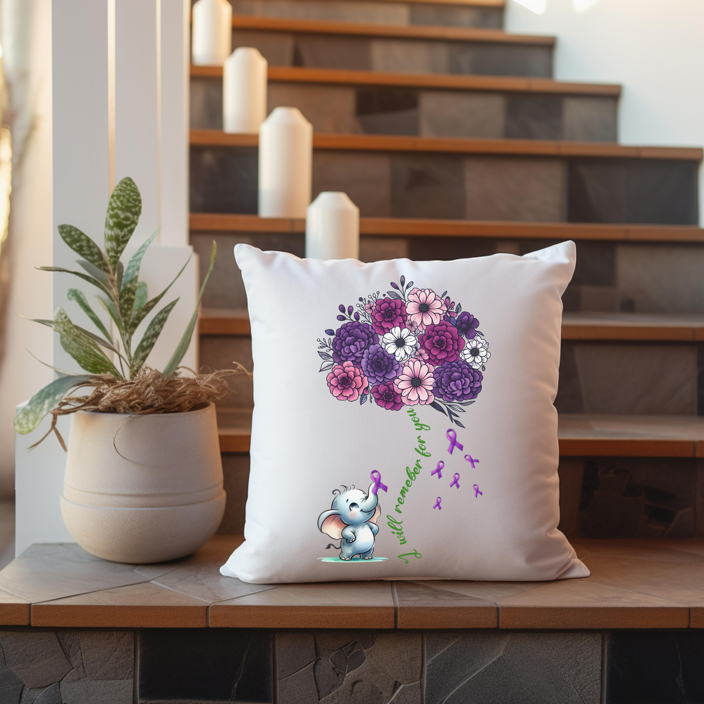 a white pillow sitting on top of a wooden table