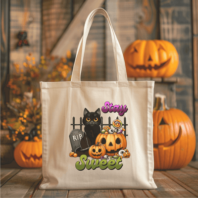 a white bag with a black cat and pumpkins on it