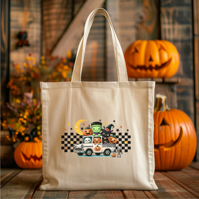 a trick or treat tote bag sitting on a table