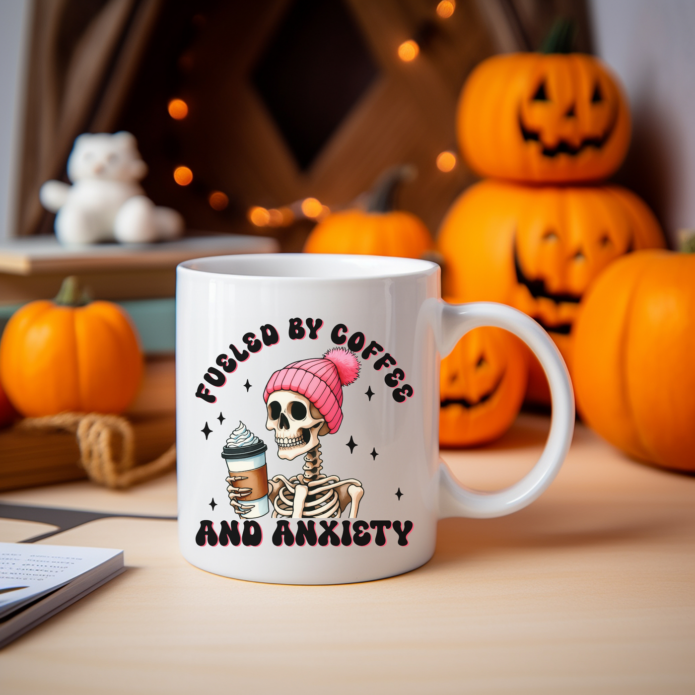 a coffee mug with a skeleton holding a cup of coffee