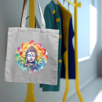 a tote bag with a buddha face on it