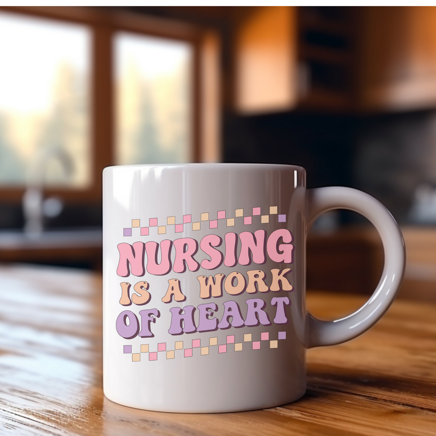 a white coffee mug sitting on top of a wooden table