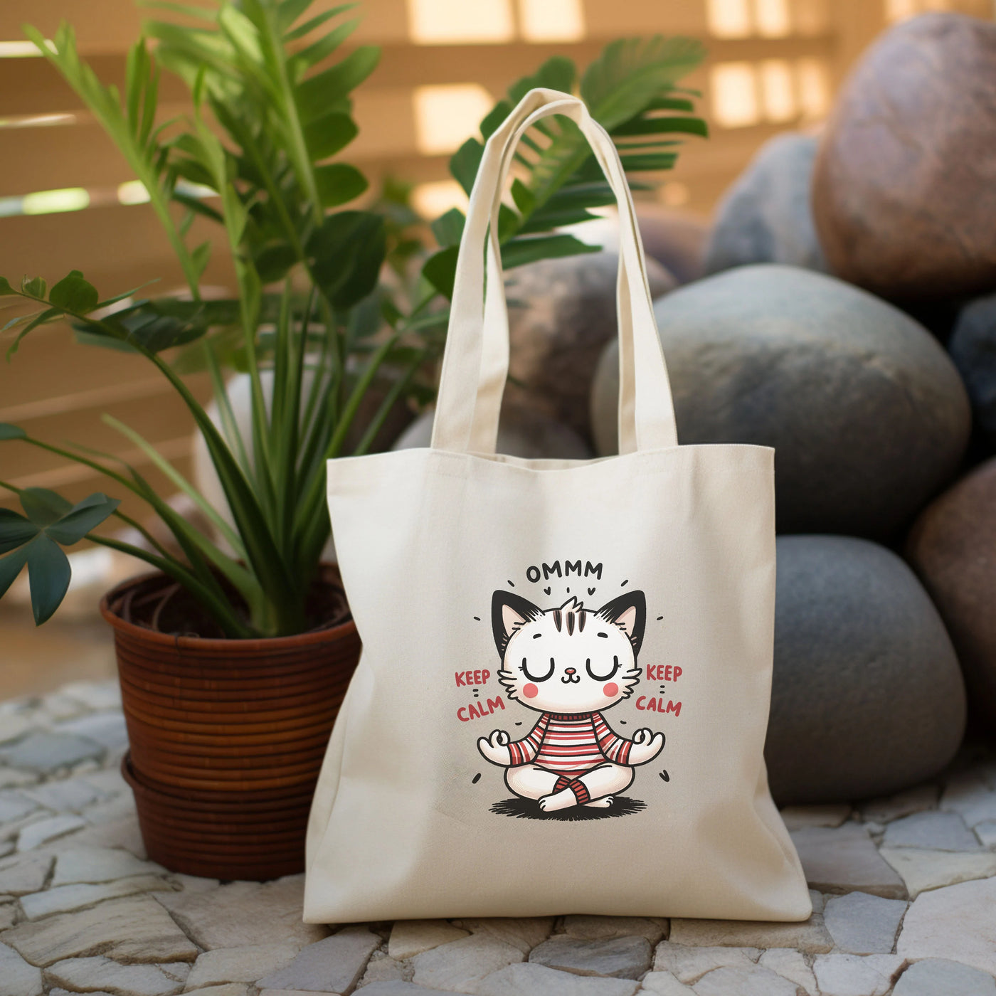 a white bag sitting on top of a stone floor next to a potted plant