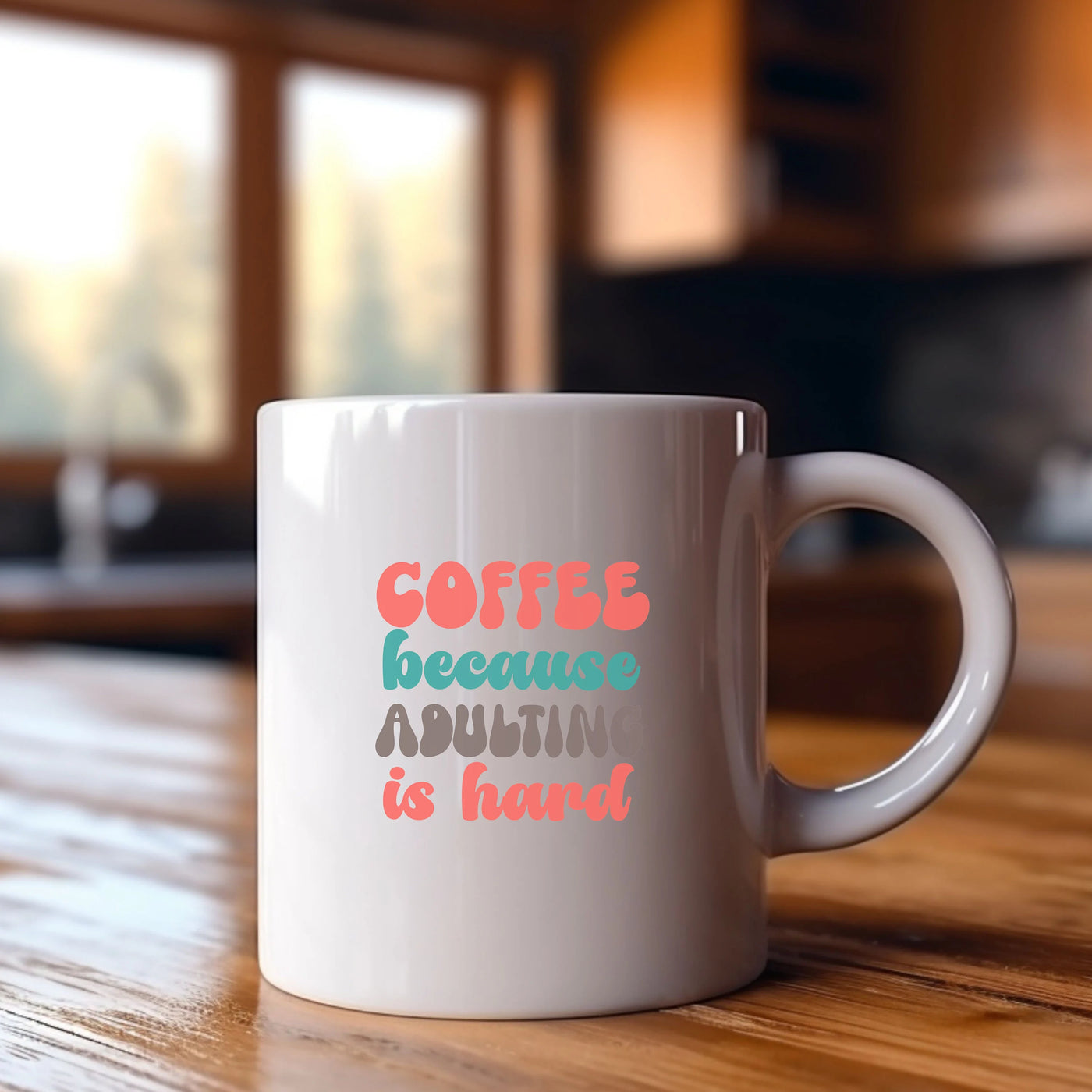 a white coffee mug sitting on top of a wooden table