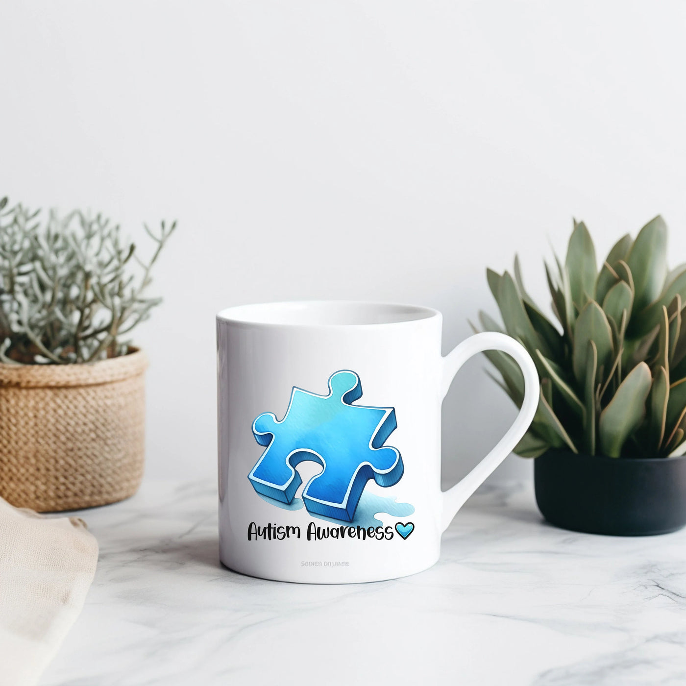 a white coffee mug with a puzzle piece on it