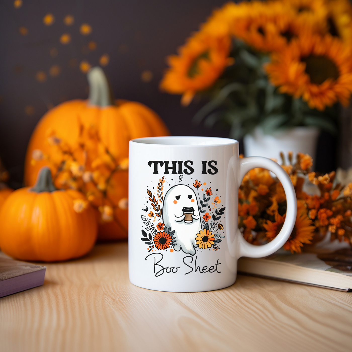 a white coffee mug sitting on top of a wooden table