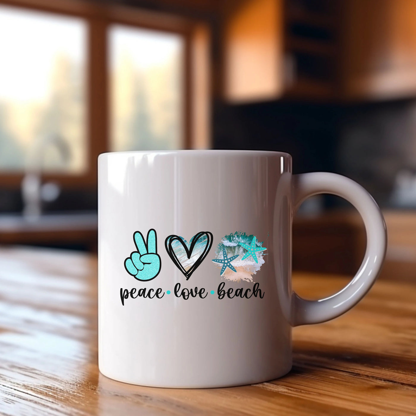 a white coffee mug sitting on top of a wooden table