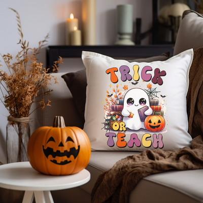 a pillow that says trick or teach with a ghost on it