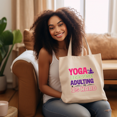 a woman sitting on a couch holding a yoga bag