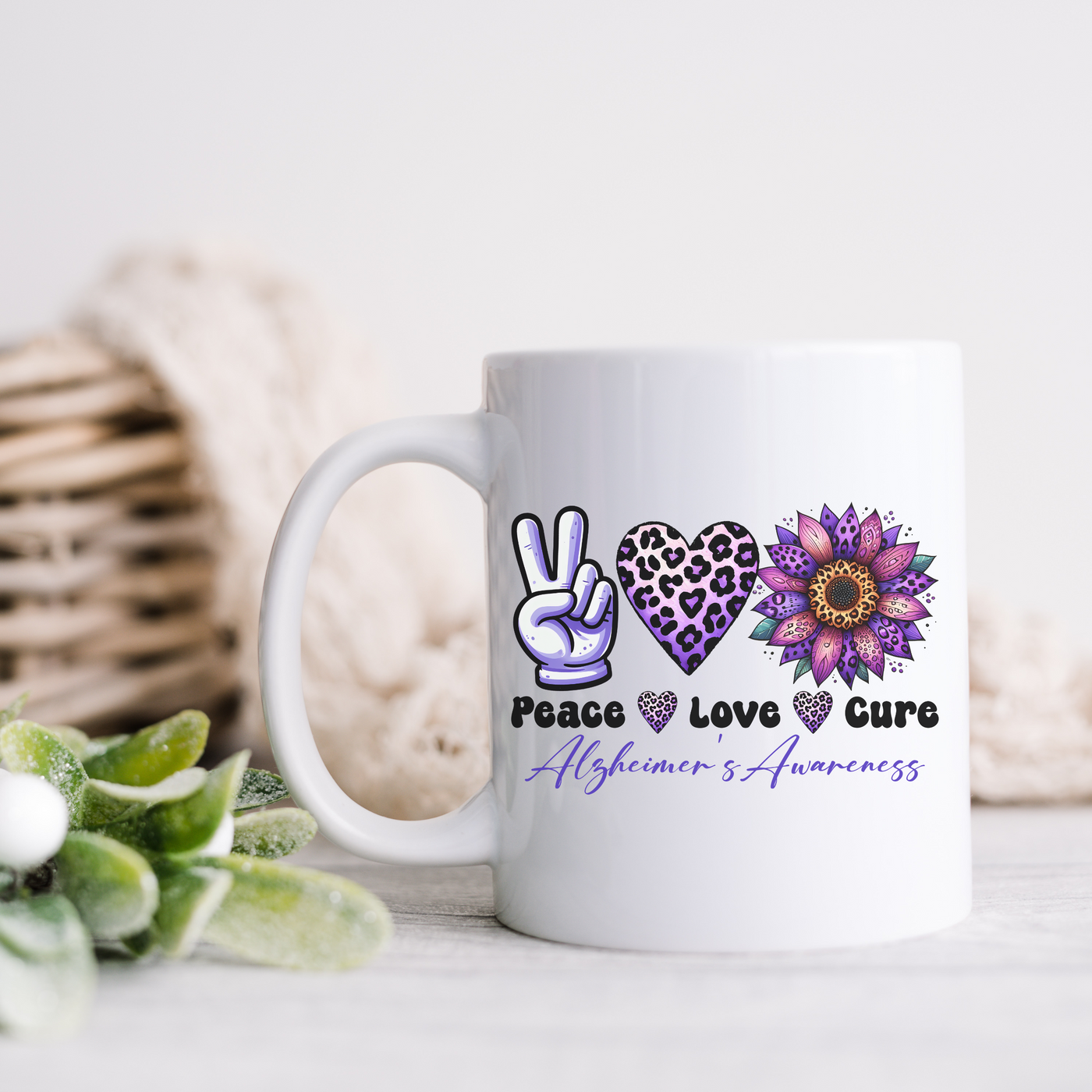 a white coffee mug with peace, love, and care written on it