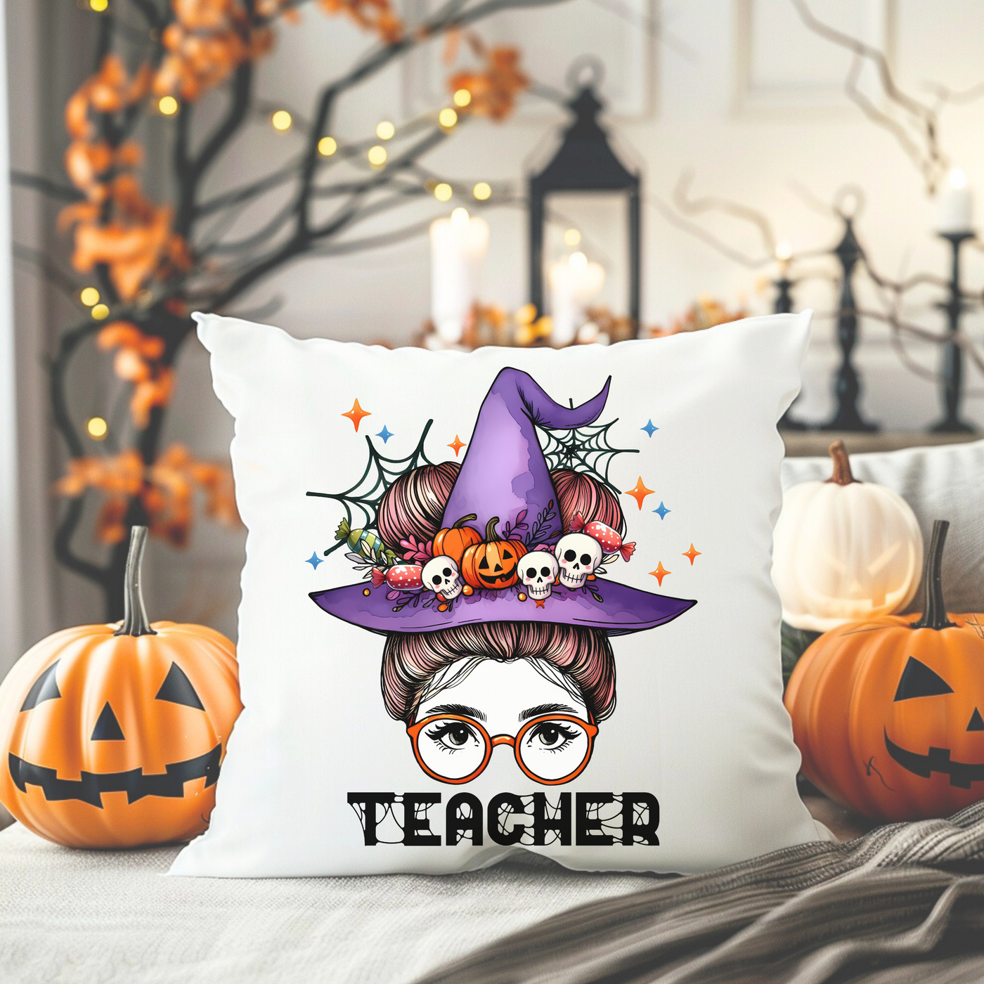 a pillow with a picture of a woman wearing a witches hat