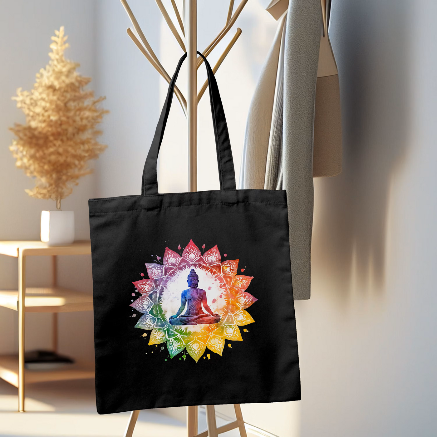 a black tote bag with a picture of a person doing yoga