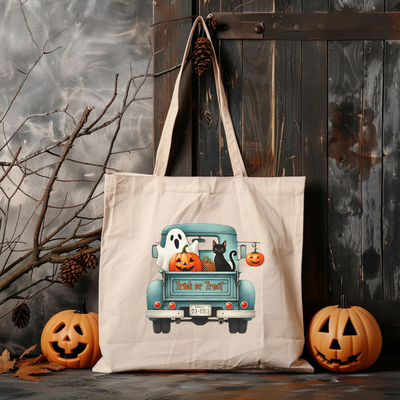 a tote bag with a picture of a truck with jack - o'-