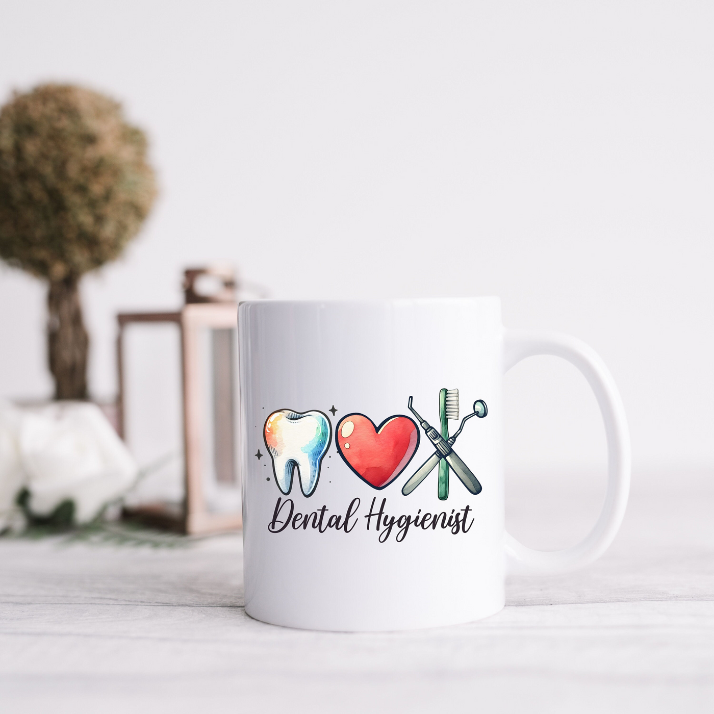 a white coffee mug with a toothbrush and a heart